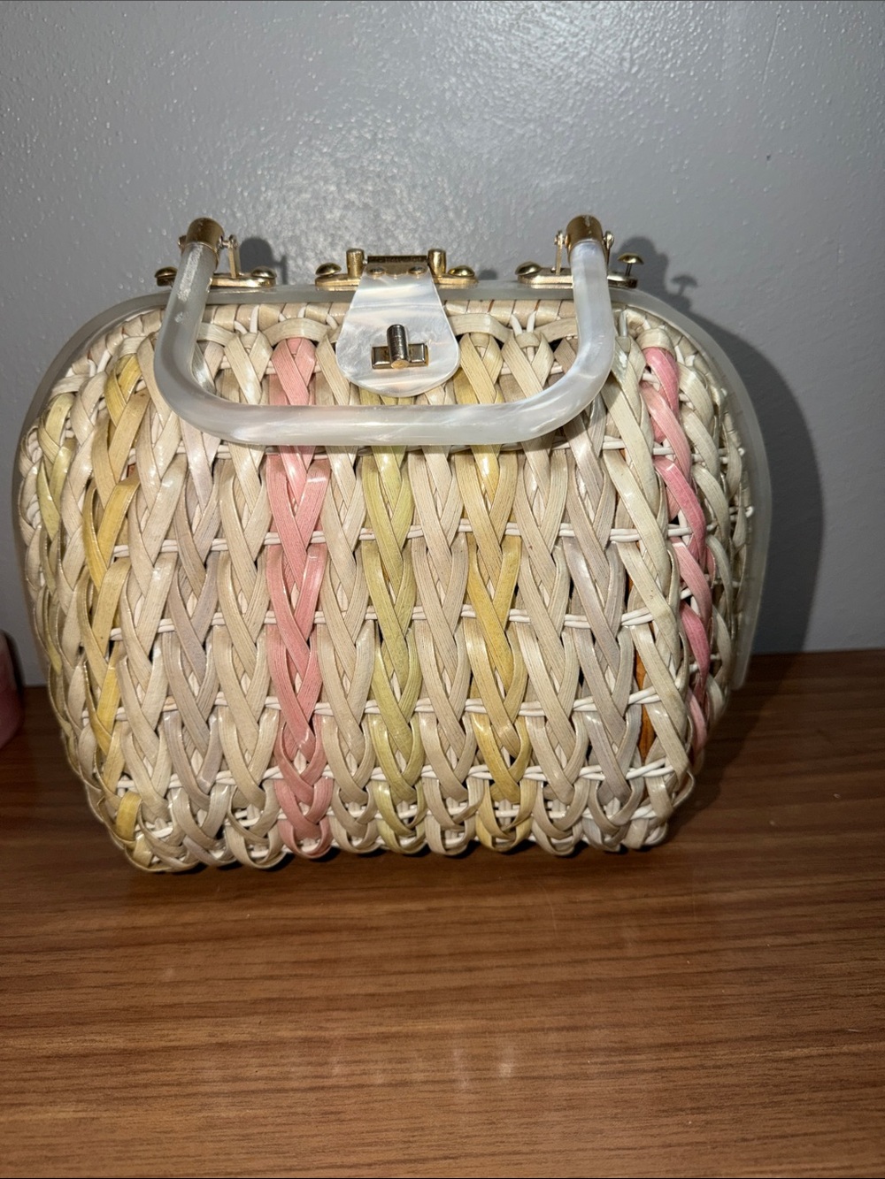 Vintage Woven Straw Mini Top-Handle Bag in Cream with Pink & Yellow Accents